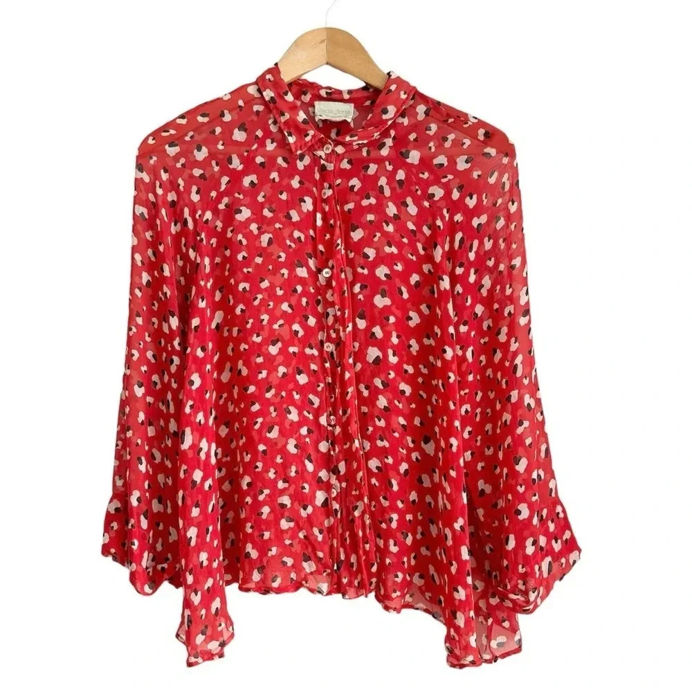 Giada Forte Silk Size II US 6 Red Sheer Blouse Button Down
